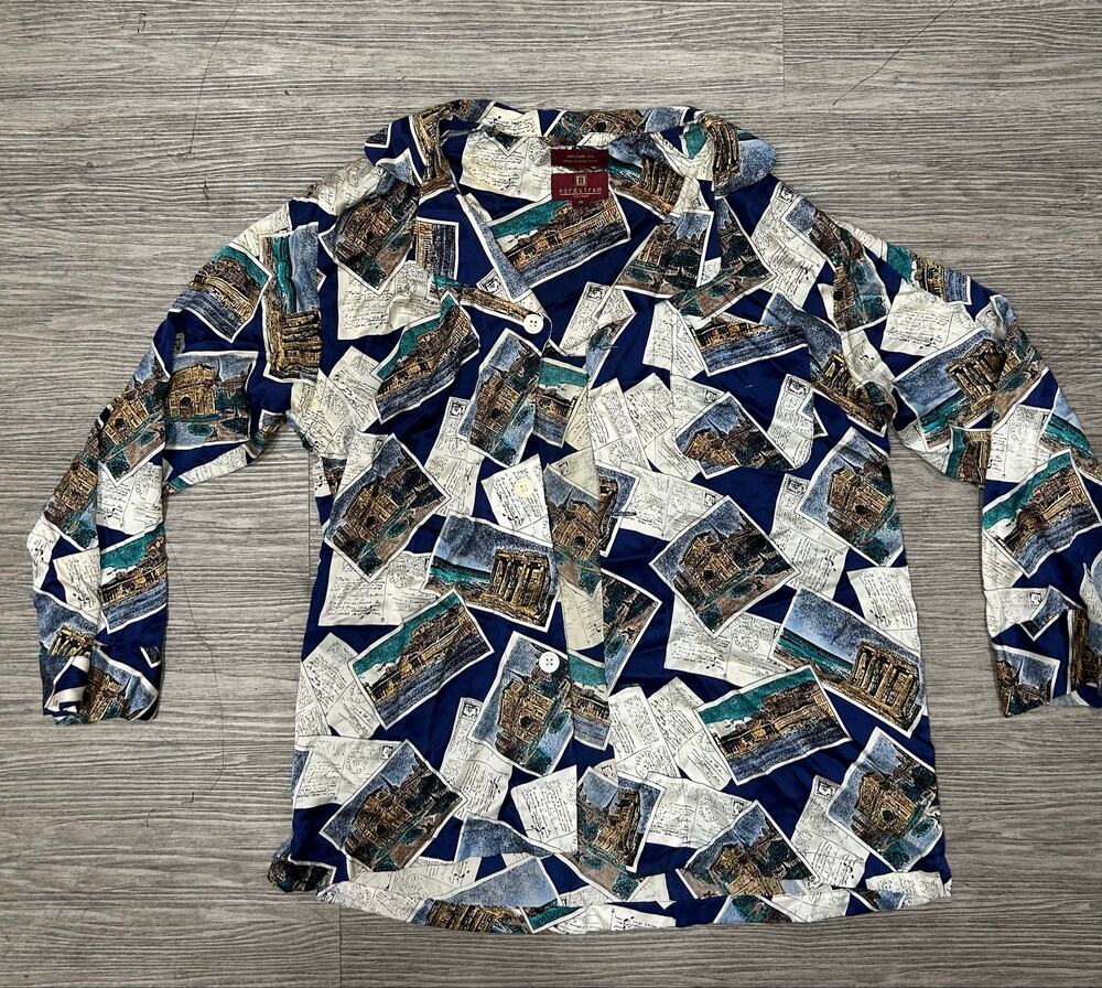 Vintage Nordstrom 100% Silk Postcard Print Shirt Men’s Medium Blue Resortwear